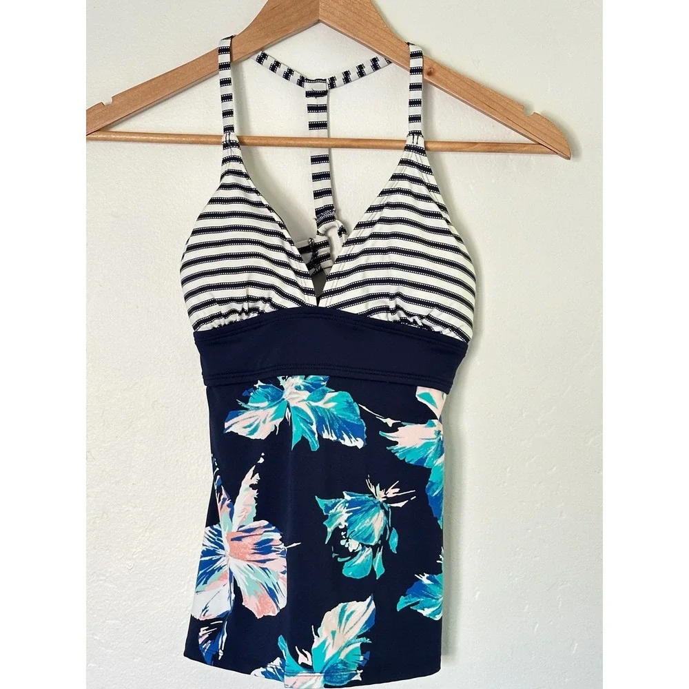 Carve Designs Dahlia‎ Tankini Womens Small Navy Floral Striped T-Back Top